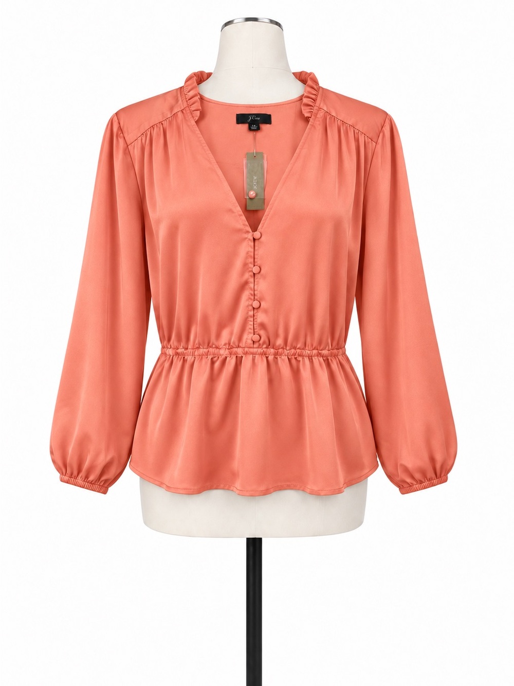 J.Crew Women’s Coral Satin Peplum Ruffle Long Sleeve Blouse Size 14 NWT